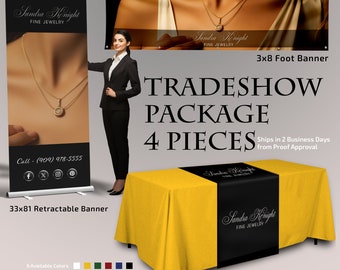 Retractable Banner - Table Throw and Table Runner - 3x8 Foot Vinyl Banner - Trade Show 4 Piece Package Deal - Pop Up Banner FREE SHIPPING!