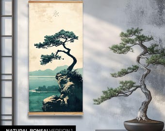 Bonsái de estilo japonés con pergamino artístico - Jardín japonés - Arte de pergamino asiático - Árboles bonsái en la naturaleza - 18 x 36 pulgadas con herrajes para colgar - "ETERNITY"