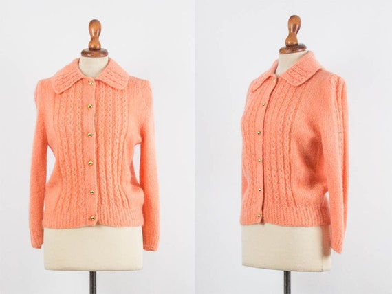 50s Vintage Knitwear, Orange Pink Color, Long Slee