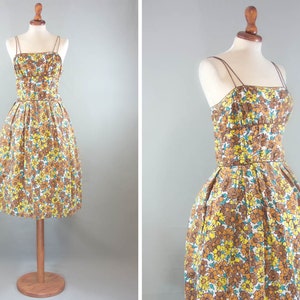 1950er Jahre Vintage Kleid / Baumwolle Schneiderkunst aus 2 Stück Kleid / braun gelb Töne / Hocker