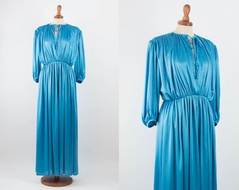 40s 50s Vintage Dress, 1940s Dress, Turquoise Color, Sartorial Made, Wide Long Skirt, Blue Maxi Dress, Full Length Dress, Acetate