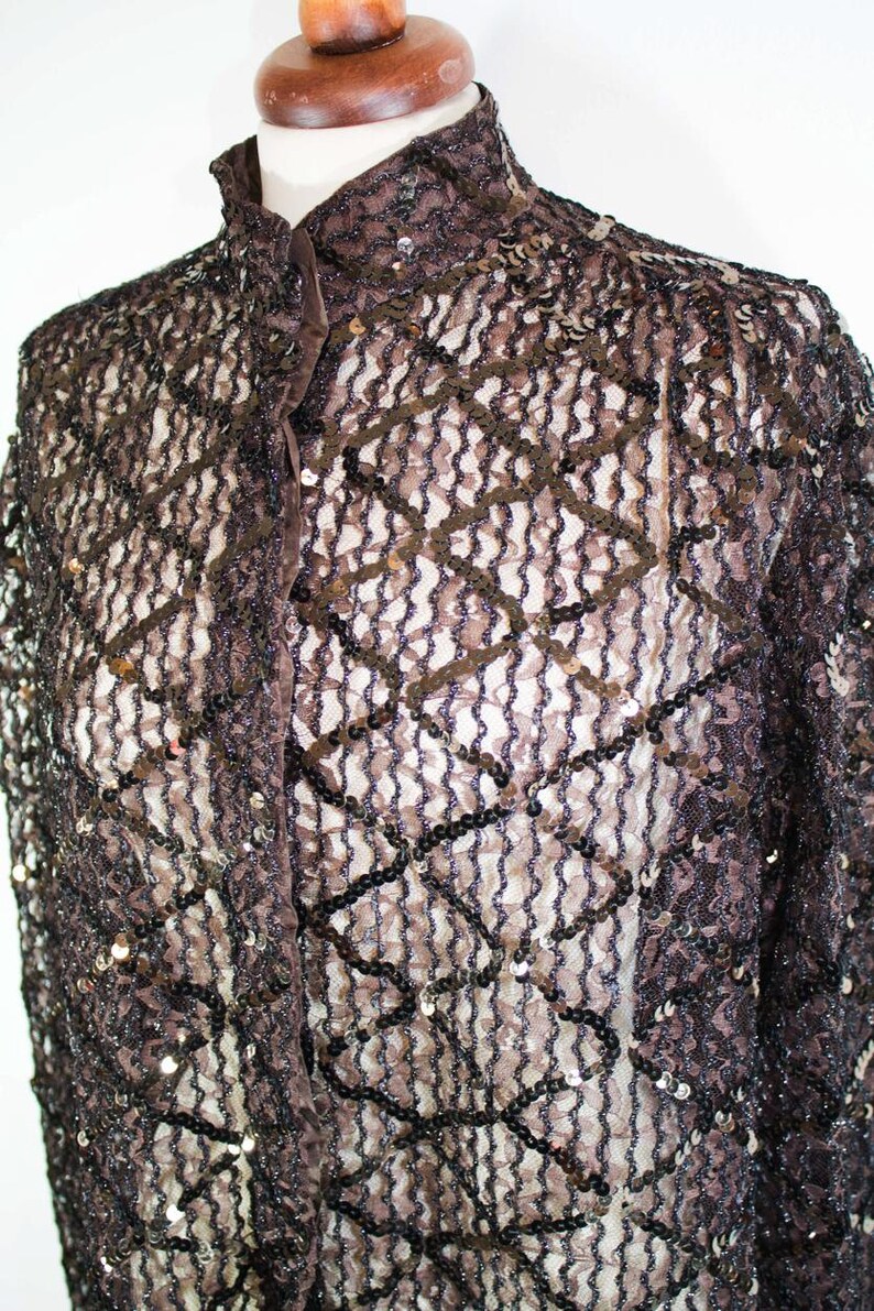 Vintage shirt 70s Brown sequin top brown sequin seventies blouse See-through top