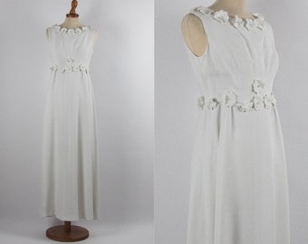 60s White Dress,Wedding Dress,  Vintage Sixties Dress, Floral, Rhinestones, Sleeveless, 60s Authentic, Bride Dress, Elegant, Ceremony Dress