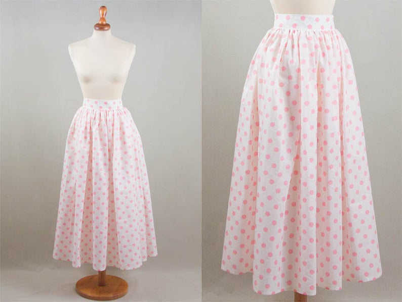 Size M Fifties Skirt Flared Skirt White Pink Polka Dot Vintage Original Fabric 50s Style Skirt 1950/'s Flared Skirt Polka dot Skirt