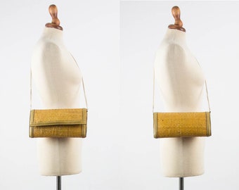 60s Vintage Clutch, Yellow Beige Color, Wicker Leather Bag, Purse Bag, Chain Strap, Stiff Bag, Rectangular Shape, Made In Italy, Hand Craft