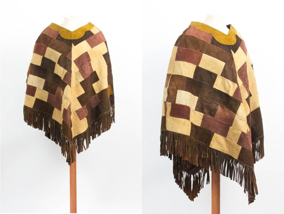Leather Cape, 70s Vintage Coat, Patchwork, Brown C