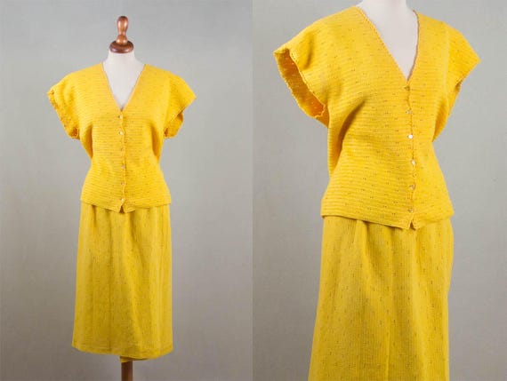 50s Knitted Dress, Vintage Yellow Dress, Handmade