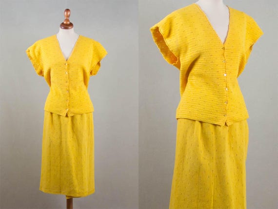 50s Knitted Dress, Vintage Yellow Dress, Handmade… - image 1