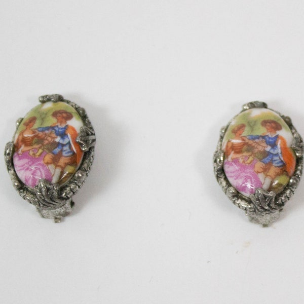 Boucles d’oreilles Cameo, porcelaine vintage, Limoges, made in France, Shabby Chic, Hand Painted, 50s vintage, Mode des années 1950