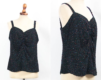 Beaded Top, 80s Vintage Blouse, Black, Beads, Zipped, Vintage Top, Black Blouse, Sequin, Size M