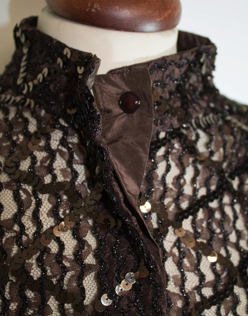 Vintage shirt 70s Brown sequin top brown sequin seventies blouse See-through top