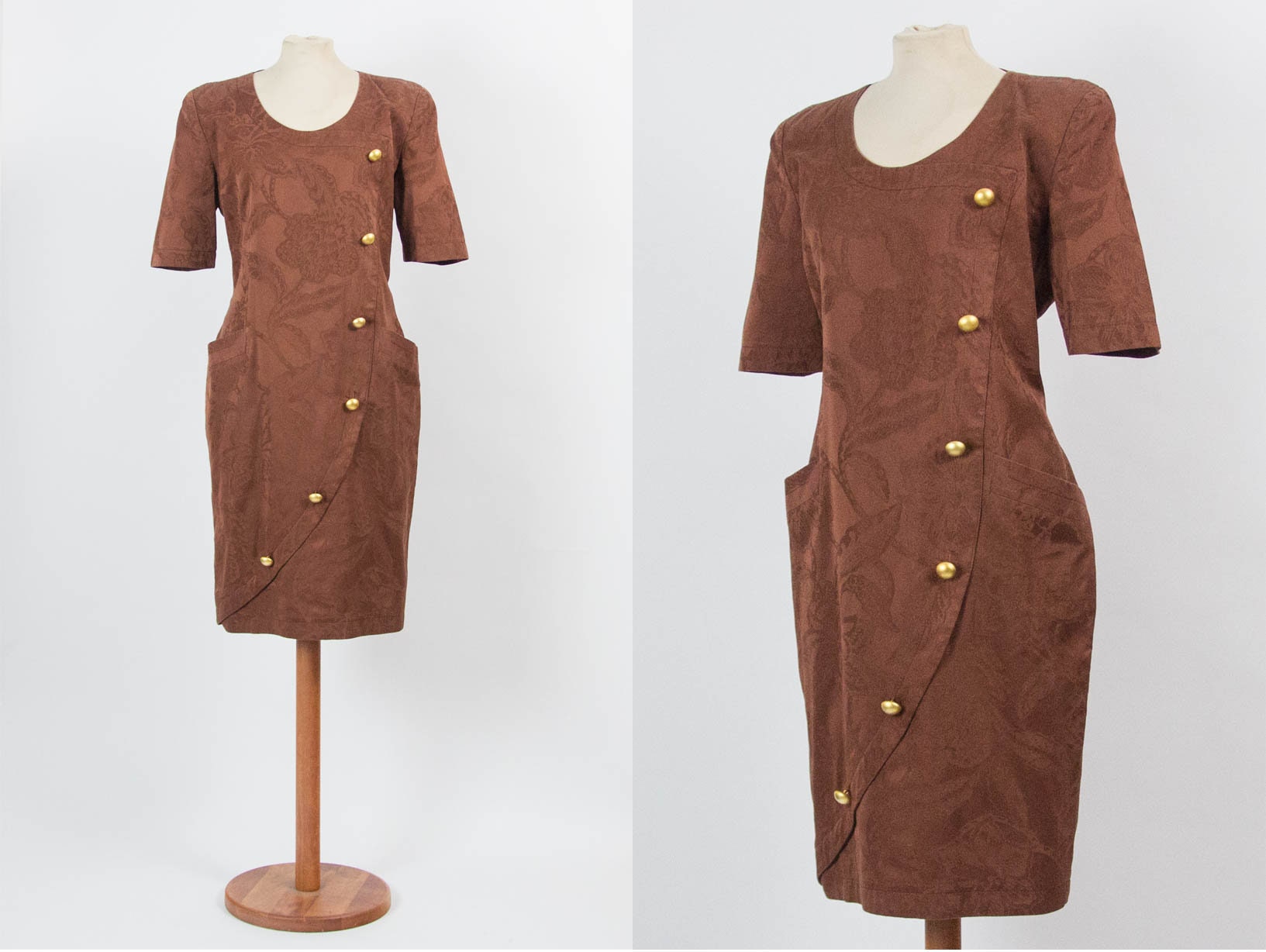 Sukienka vintage z lat 80., brokat, kolor brązowy i złoty, bawełna, moda lat 80., Borsato, wyprodukowano we Włoszech, rozmiar M L