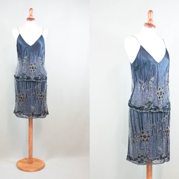 Vintage Dress, Cocktail Dress, Etro, Made In italy, Sequin Silk Made,90s Cocktail Dress, Blue Grey Color, two Pieces Dress, Etro Milano