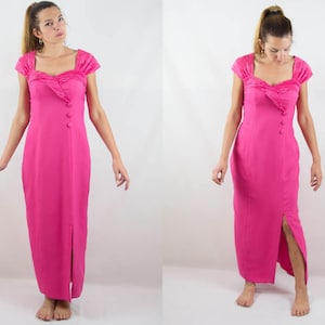 80s vintage dress, fuchsia dress, cocktail dress, shocking pink, pink maxi dress, long 80s dress, siren dress, prom dress, made in usa
