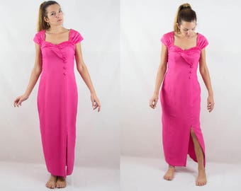 80s vintage dress, fuchsia dress, cocktail dress, shocking pink, pink maxi dress, long 80s dress, siren dress, prom dress, made in usa