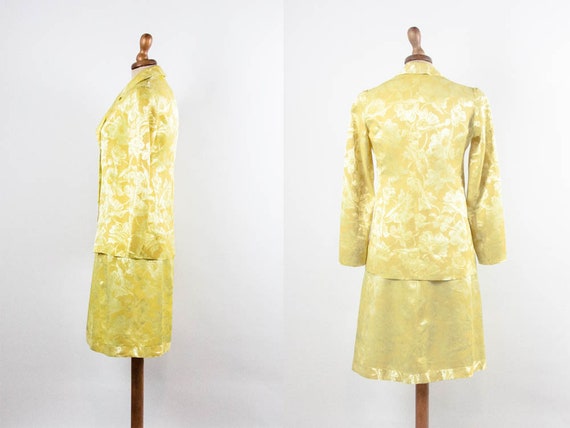 60s Yellow Suit, Brocade Flowers Dress, 2 Pieces … - image 3