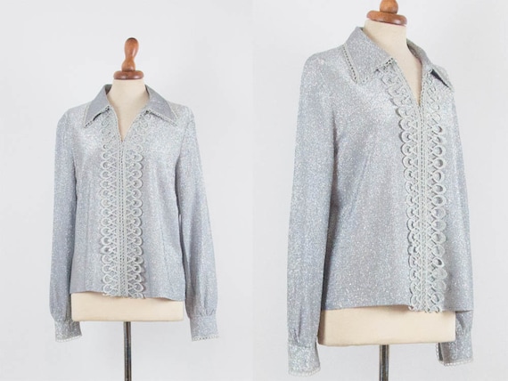 1960s Silver Blouse, Vintage Top, Late Sixties Bl… - image 1