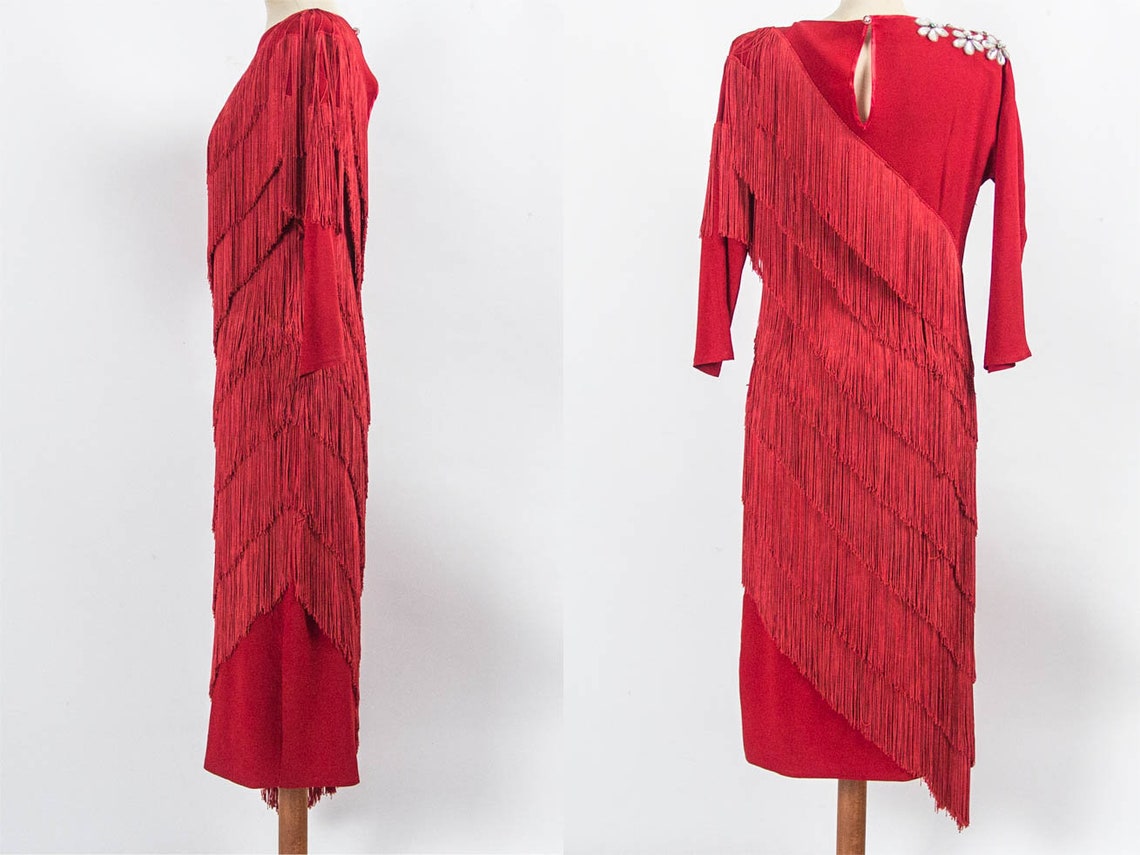 80s Party Dress Red Dress 80s Vintage Dress Fringes Dress Etsy