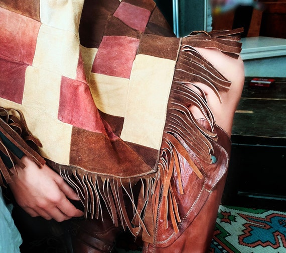 Leather Cape, 70s Vintage Coat, Patchwork, Brown … - image 4