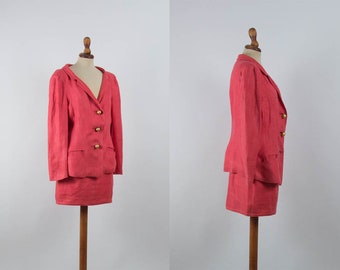 80s Vintage Suit, Skirt Blazer Two Pieces, Casual Suit, Bright Pink Color, Golden Color Buttons, Wide Collar, Long Sleeves, MiniSkirt, Linen