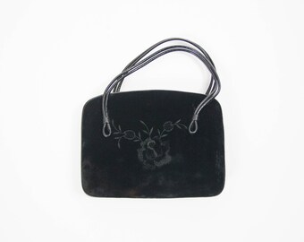 Borsa in velluto nero, colore nero, 50s Vintage, 50s Moda, Borsa ricamata, Borsa a mano Vintage, Piccola Purse