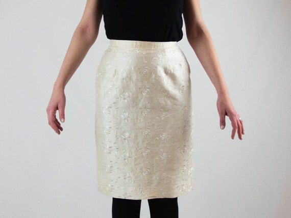 80s silk skirt, cream white skirt, longuette styl… - image 1