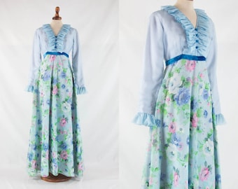 60s dress, floral maxi dress, light blue dress, flowers printed dress, maxi wide dress, made in usa, american vintage, sixties long dress