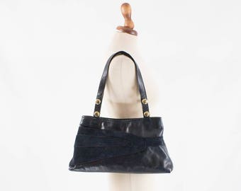 70er Jahre blau, Handtasche, Leder-Vintage-Handtasche, breiten blauen Tasche, hergestellt in Italien, mittlere große Handtasche, 70er Jahre Vintage Tasche, Italienische Handtaschen