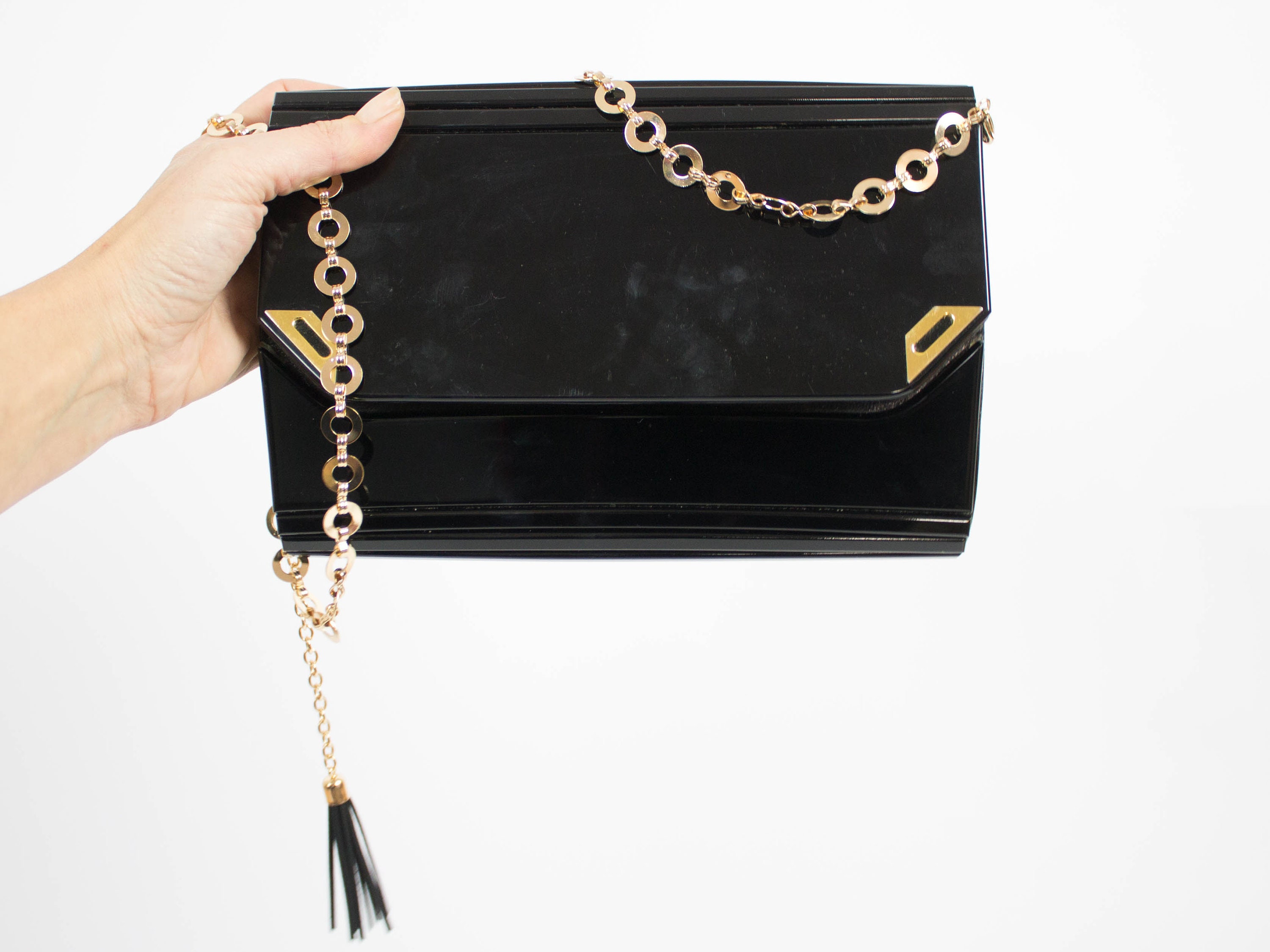 Lucite Handbag, 60s Clutch, Evening Bag, Chain Strap, 1960s Fashion, Black Gold, Vintage Purse, Small Evening Bag