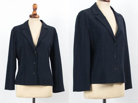〔Vintage〕90s Black navy Simple suit デカ襟 Men's Boss Classic PinStriped Suit With Vest Stripe
