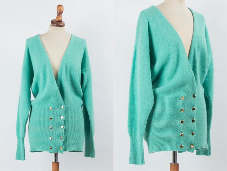 Wool Angora Long Sleeves Gold Color Buttons Size M Eighties Jumper 80s Vintage Cardigan Cozy Sweater Teal Color