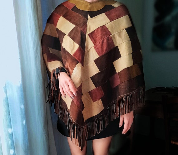 Leather Cape, 70s Vintage Coat, Patchwork, Brown … - image 1