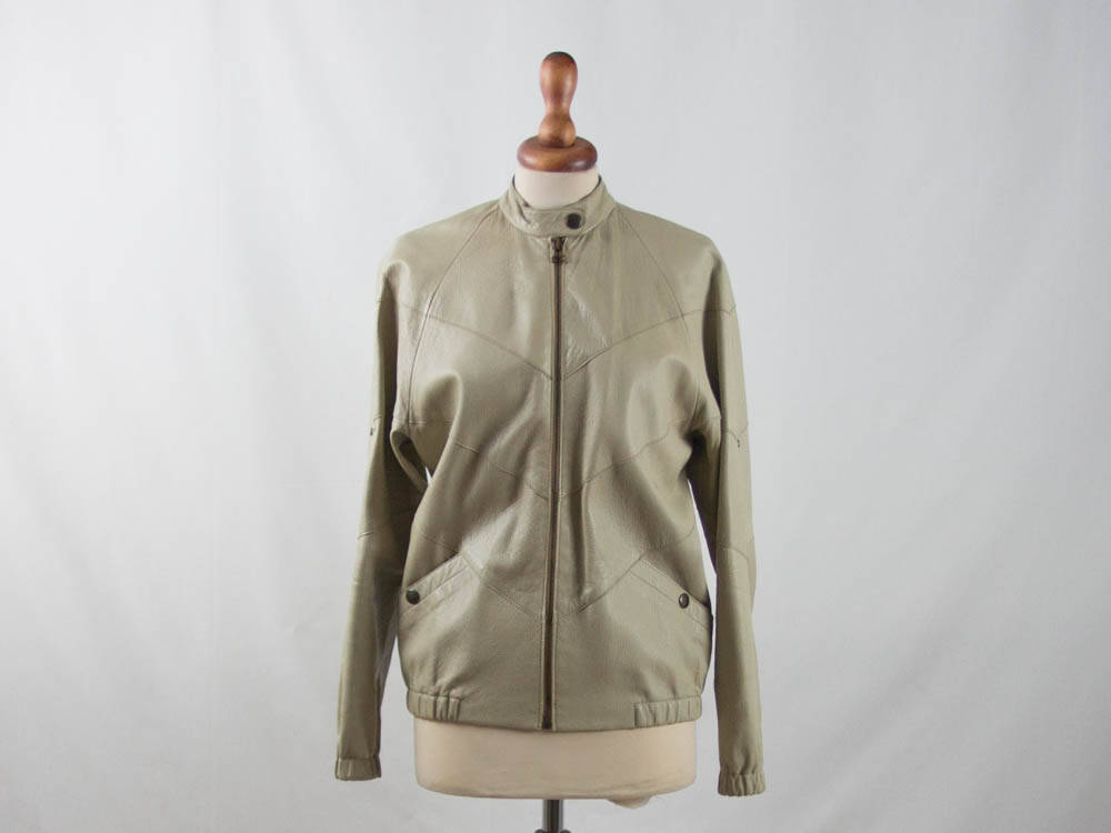 80s Leather Jacket, Bomber Jacket, Beige Bomber, 80s Leather