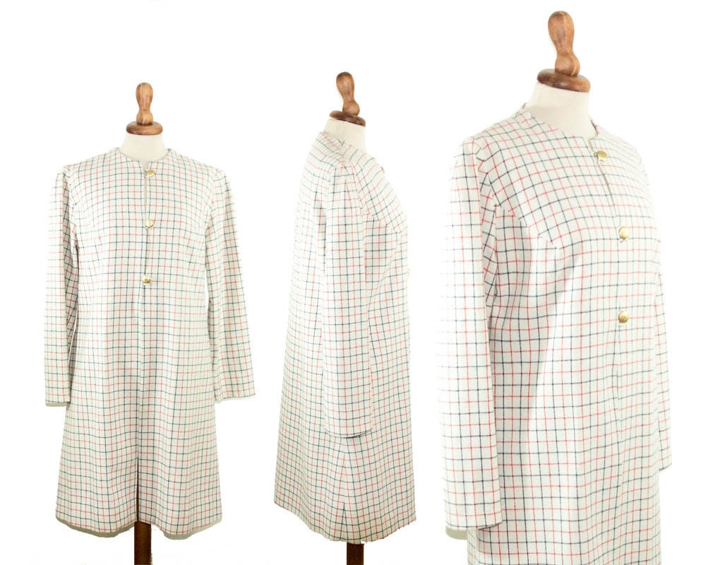 audrey hepburn coat squared / 60s vintage white dust coat / blue and red squares
