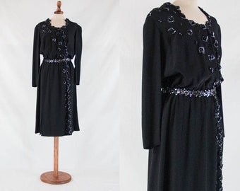 70s vintage dress, black sequin dress, late seventies, sequin black dress, sartorial dress, long sleeve dress, belt dress, elegant, size M