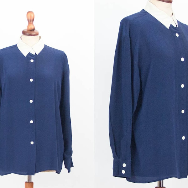 Silk vrouwen shirt, blauw wit, 80s vintage, vintage blouse, Genny, zuivere zijde boven, maat medium