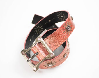 Cintura in pelle, cintura vintage rosa, stile Boho, boho vintage, cintura anni '90, strass rosa, Orciani, stile country