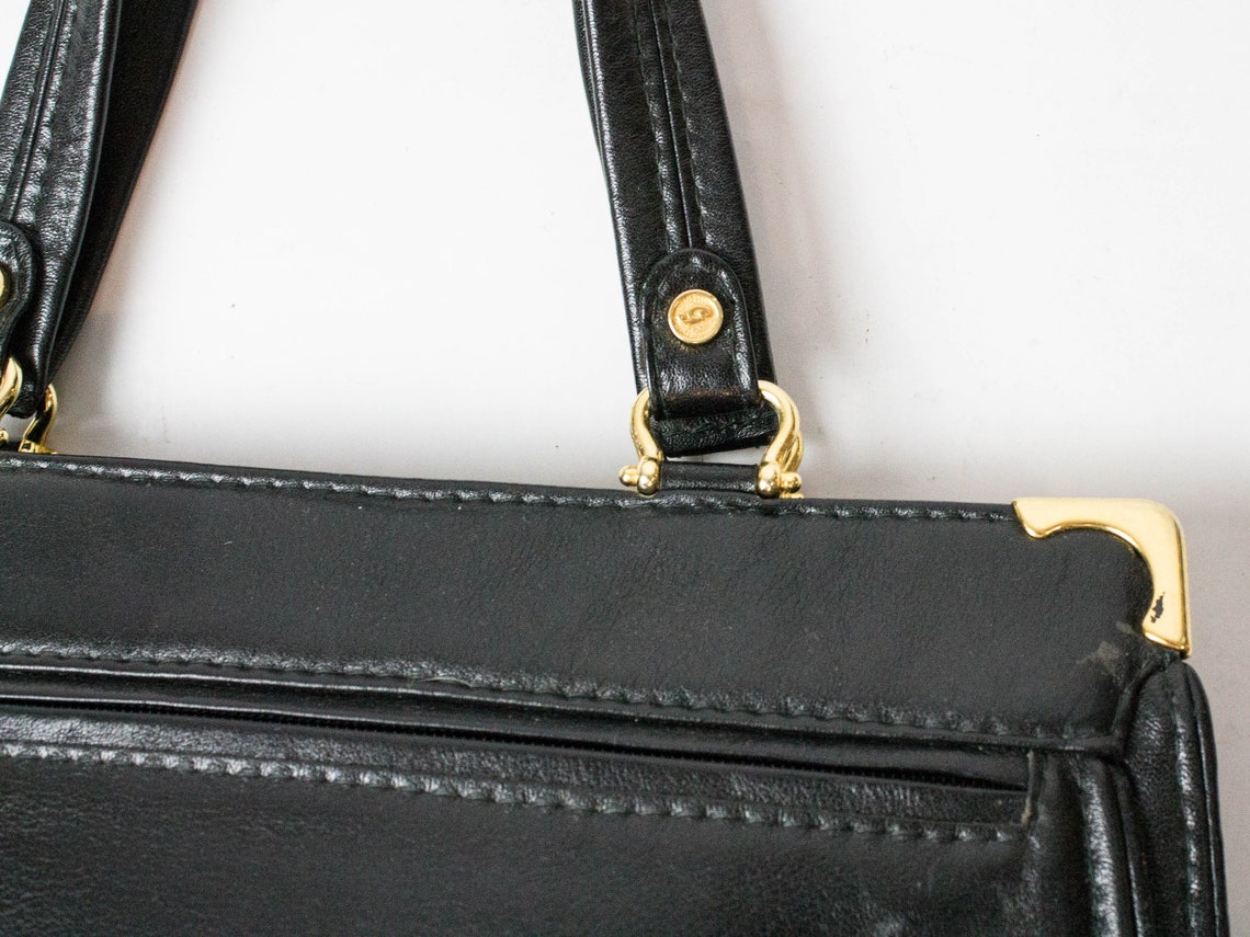 70s Vintage Bag Black Color Genuine Leather Handles Bag Etsy