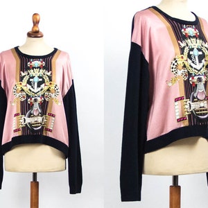 90s Vintage Blouse, Blue Pink Color, Jewel Heraldic Motif, Mary Katrantzou, Nineties Vintage, 1990s Sweater, Size Small