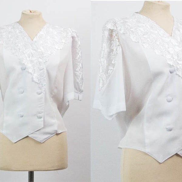 Blouse blanche, millésime des années 80, années 80, style victorien, Blouse en dentelle, Boutons, Boho Chic, Début des années 80, Taille Moyenne