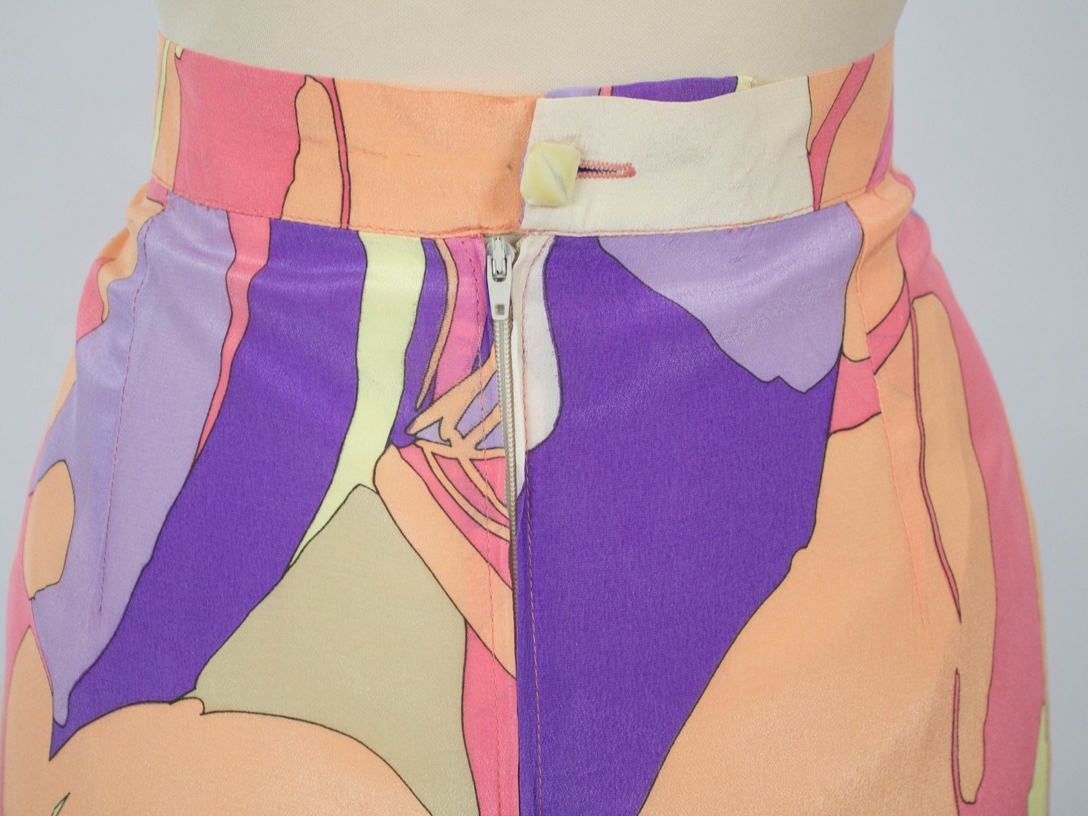 Vintage 60s 70s Abstract Green Purple Blue Midi Skirt XS 4 6
