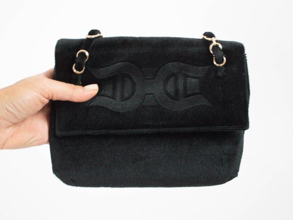 Black Velvet Bag Vintage Handbag Black Gold Chain Bag Late 