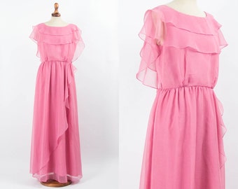 60s Maxi Dress, Vintage Maxi Dress, Pink Color, Frills Dress, Late Sixties, Cocktail Dress, Romantic 60s Dress, Size S M