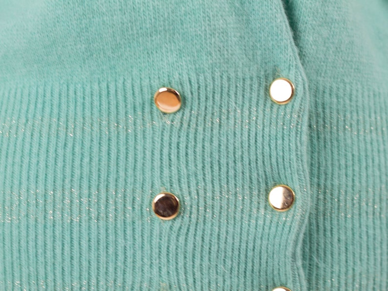 Wool Angora Long Sleeves Gold Color Buttons Size M Eighties Jumper 80s Vintage Cardigan Cozy Sweater Teal Color