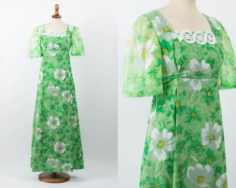 Vintage Maxi Dress, Chiffon Maxi Dress, 60s Floral Pattern, Green White Color, Boho Style, Anderson Style, Romantic, Wedding Party Dress