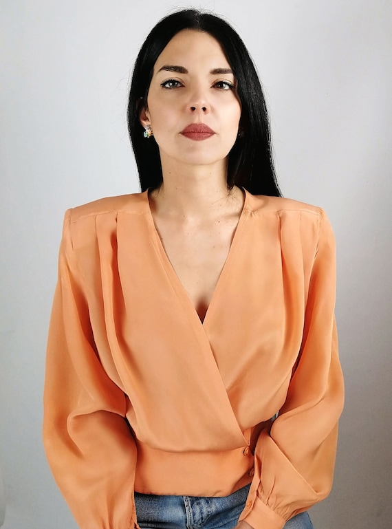 Vintage Blouse, 70s Vintage, Pink Orange, Long Sle