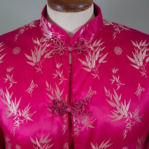 vintage 50s chinese jacket jacquard / pink fucsia satin embroidered mandarin collar / fifties top