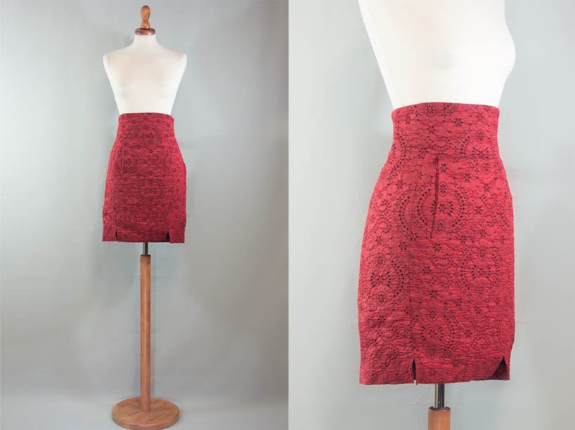 Lace pencil skirt / sartorial rust red skirt / satin lace | Etsy