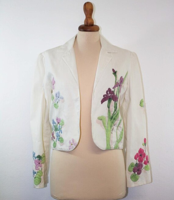 Vintage 50s Women Cropped, Hand Painted Blazer, Vi