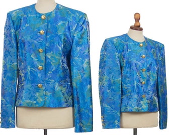 80s Blazer, Vintage Eighties Jacket, Brocade Metallic, Turquoise Blue, 80s Clothing, Sparkle 80s Jacket, Size M